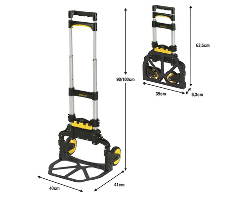 Stanley Transportwagen mit den Maßen 40 cm x 41 cm x 90 cm/100 cm im ausgeklappten Zustand und 39 cm x 6,3 cm x 63,5 cm im zusammengeklappten Zustand.
