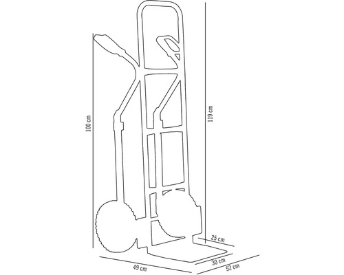 Abmessungen einer Sackkarre: 100 cm Höhe, 119 cm Gesamthöhe, 49 cm Breite, 52 cm Tiefe, 30 cm Schaufelbreite, 25 cm Schaufeltiefe.