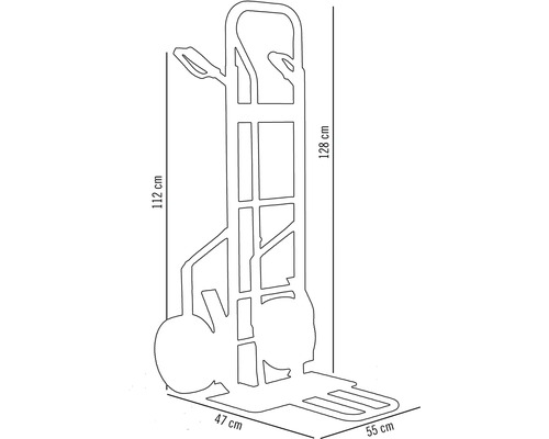 Abmessungen einer Sackkarre: 128 cm Höhe, 47 cm Breite und 55 cm Tiefe.