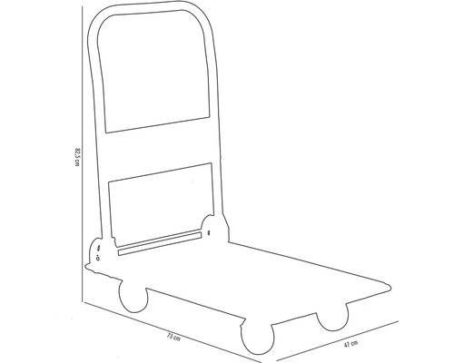 Abbildung einer Sackkarre mit den Maßen 82,5 cm Höhe, 73 cm Länge und 47 cm Breite.
