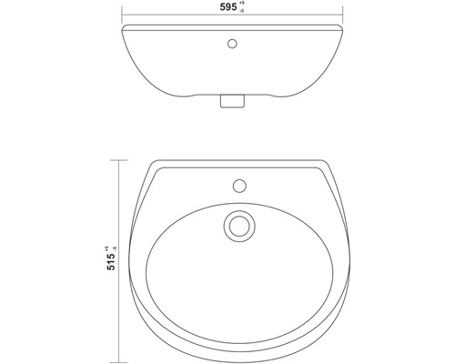 Technische Zeichnung eines Waschtischs mit den Maßen 595 mm Breite und 515 mm Tiefe.