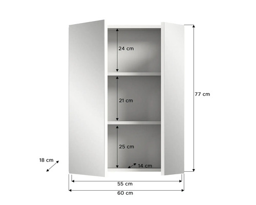 Abbildung eines weißen Badezimmerschranks mit den Maßen 77 cm Höhe, 60 cm Breite und 18 cm Tiefe.