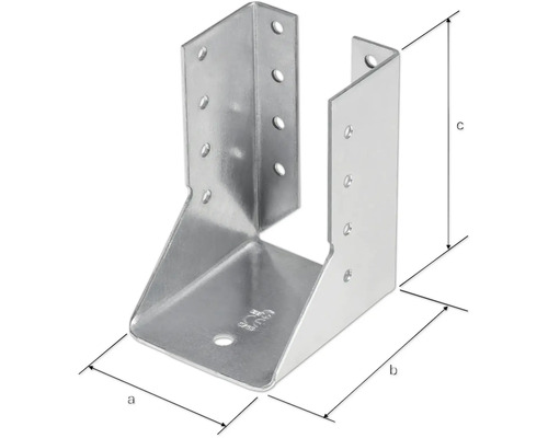 Pfostenträger mit Abmessungen a, b und c aus Metall mit Löchern für Schrauben