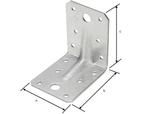 Winkelverbinder aus Metall mit Löchern und den Maßen a, b und c