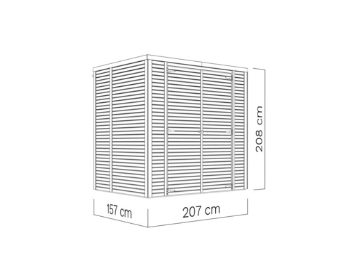 Abbildung eines Gartenhauses mit den Maßen 208 cm Höhe, 157 cm Breite und 207 cm Länge.
