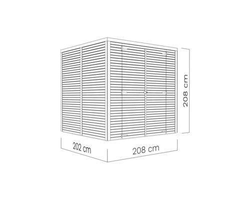 Illustration einer Gerätebox mit den Maßen 202 x 208 x 208 cm