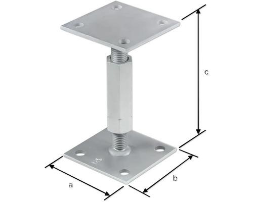 Verstellbare Stützenschraube mit quadratischer Basis und Maßangaben