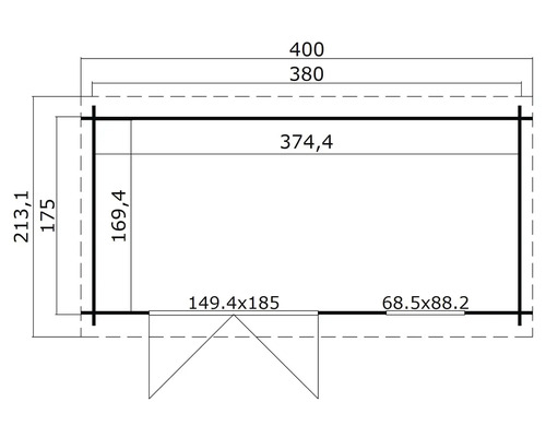 Grundrisszeichnung eines Gartenhauses mit Maßangaben