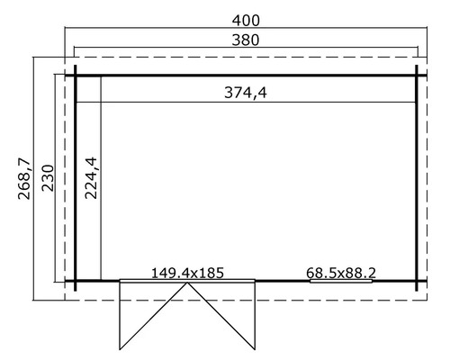 Grundrisszeichnung eines Gartenhauses mit Abmessungen