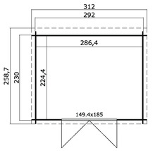 Grundrisszeichnung eines Gartenhauses mit Maßangaben