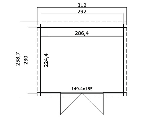Grundrisszeichnung eines Gartenhauses mit Maßangaben