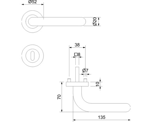 Technische Zeichnung einer Türklinke mit Maßen.