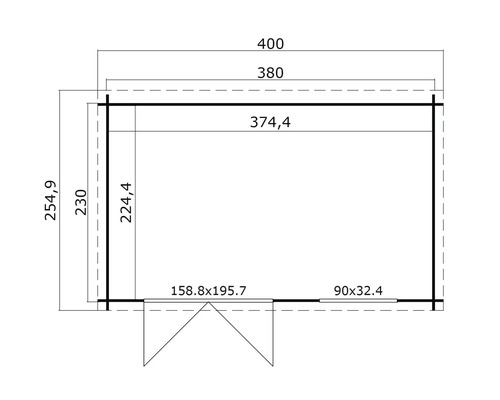 Grundrisszeichnung eines Gartenhauses mit Maßangaben