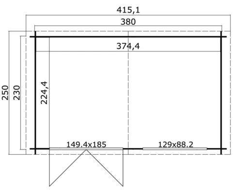 Grundrisszeichnung eines Gartenhauses mit Maßangaben
