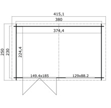Grundrisszeichnung einer Gartenlaube mit Maßen