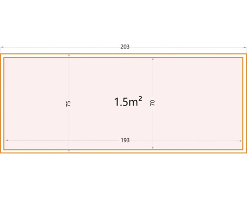 Technische Zeichnung mit Maßangaben: 203 x 75 x 193 x 70, Fläche 1,5 Quadratmeter