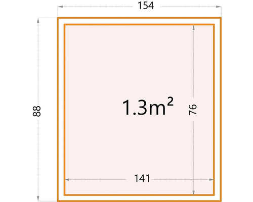 Illustration der Maße eines Produkts mit einer Fläche von 1,3 Quadratmetern