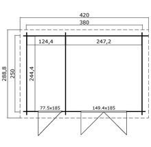 Grundrisszeichnung eines Gartenhauses mit Maßangaben