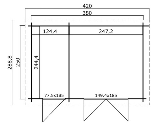 Grundrisszeichnung eines Gartenhauses mit Maßangaben