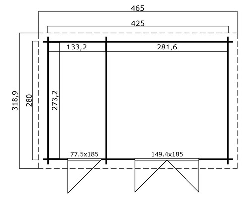 Grundrisszeichnung eines Gartenhauses mit Maßangaben