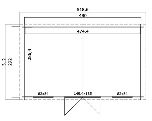 Grundrisszeichnung eines Gartenhauses mit Maßangaben.