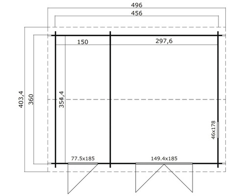 Grundrisszeichnung eines Gartenhauses mit Maßangaben.