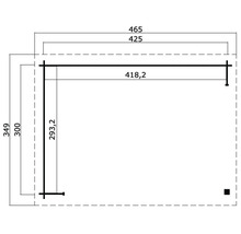 Skizze eines Gartenhauses mit Maßangaben.