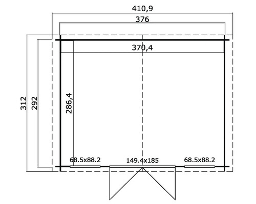 Grundrisszeichnung eines Gartenhauses mit Maßangaben