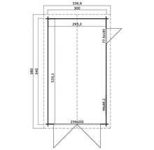 Grundrisszeichnung eines Gartenhauses mit Maßangaben.