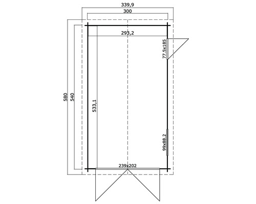 Grundrisszeichnung eines Gartenhauses mit Maßangaben.