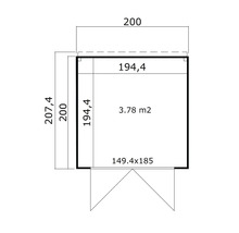 Grundrisszeichnung eines Gerätehauses mit den Maßen 200 mal 207,4 Zentimeter und einer Fläche von 3,78 Quadratmetern.