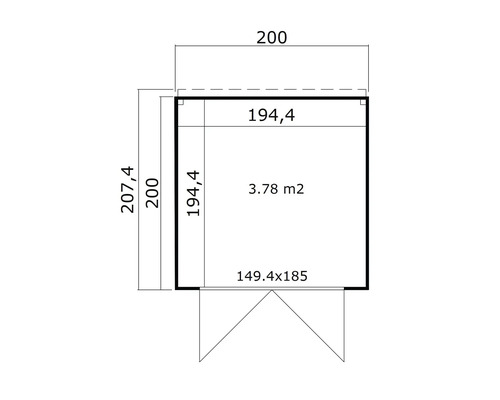 Grundrisszeichnung eines Gerätehauses mit den Maßen 200 mal 207,4 Zentimeter und einer Fläche von 3,78 Quadratmetern.