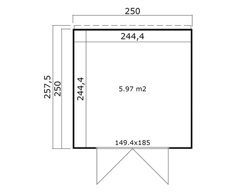 Grundrisszeichnung eines Gartenhauses mit Maßangaben