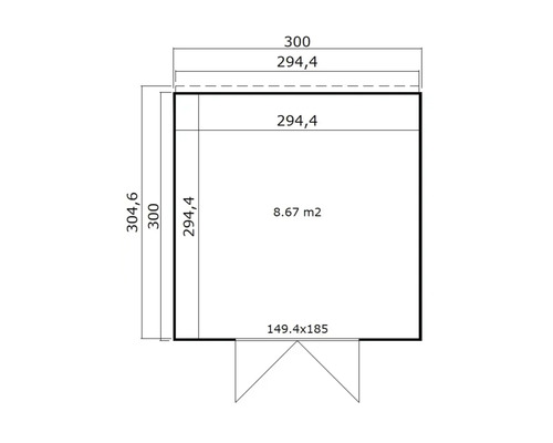 Grundrisszeichnung eines Gartenhauses mit Maßangaben