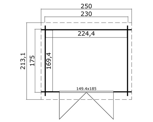 Technische Zeichnung eines Gartenhauses mit Maßangaben