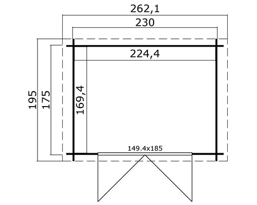 Grundrisszeichnung eines Gartenhauses mit Maßangaben