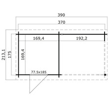 Grundrisszeichnung eines Gartenhauses mit Maßangaben