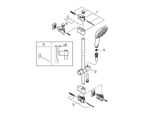 Explosionszeichnung einer Duschgarnitur, die die Installation und die einzelnen Komponenten zeigt