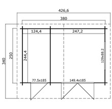 Technische Zeichnung eines Gartenhauses mit Maßangaben.