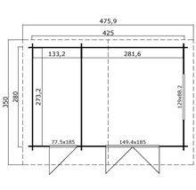 Grundrisszeichnung eines Gartenhauses mit Bemaßungen.