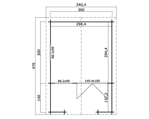 Grundriss eines Gartenhauses mit Maßangaben