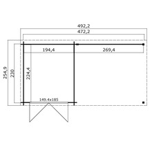 Grundrisszeichnung eines Gartenhauses mit den Maßen 492,2 x 472,2 cm