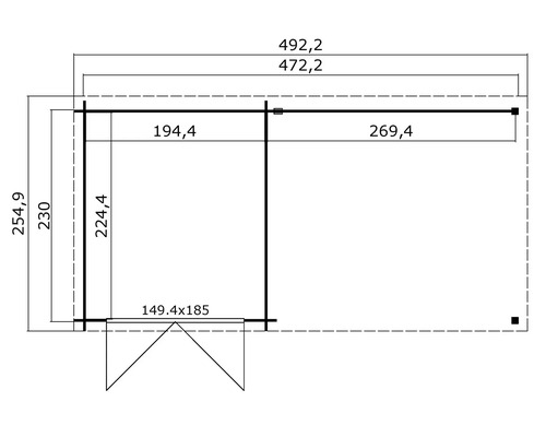 Grundrisszeichnung eines Gartenhauses mit den Maßen 492,2 x 472,2 cm