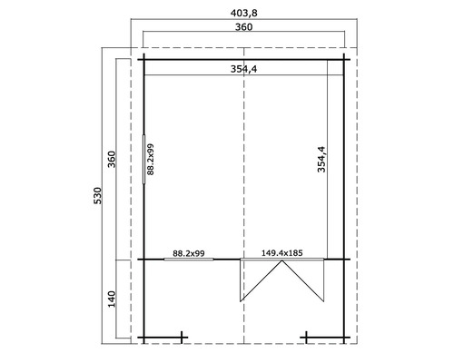Grundrisszeichnung eines Gartenhauses mit Maßangaben
