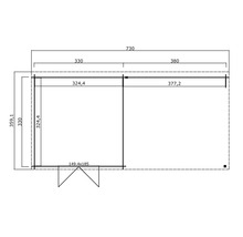 Grundrisszeichnung eines Gartenhauses mit Maßangaben
