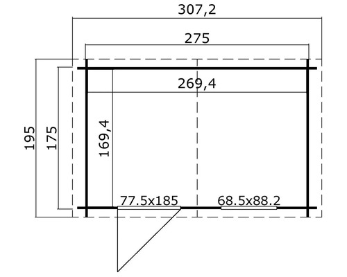 Grundrisszeichnung eines Gartenhauses mit Maßangaben