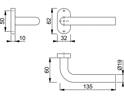 Technische Zeichnung eines Türgriffs mit Maßangaben