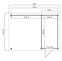 Grundrisszeichnung eines Gartenhauses mit Maßangaben