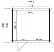 Grundrisszeichnung eines Gartenhauses mit Maßangaben
