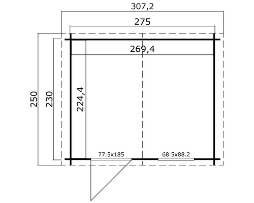Grundrisszeichnung eines Gartenhauses mit Maßangaben